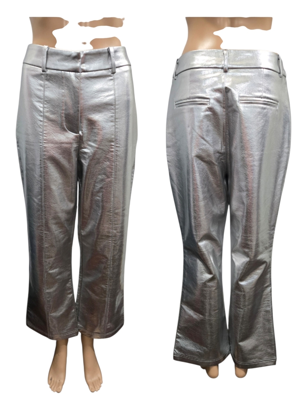 7 For All Mankind Metallic Silver Faux Leather Cropped Flare Pants - Size M - Picture 7 of 10